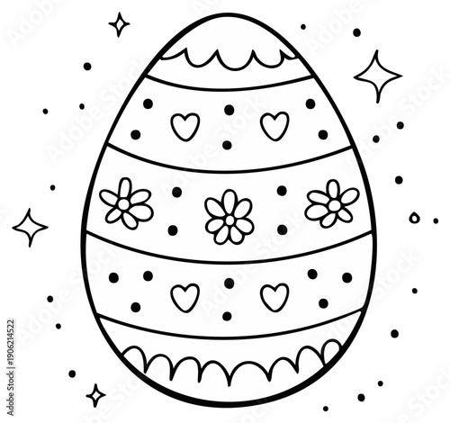 Cute Decorated Easter Egg Coloring Page with Flowers Hearts and Stars Line Art Illustration