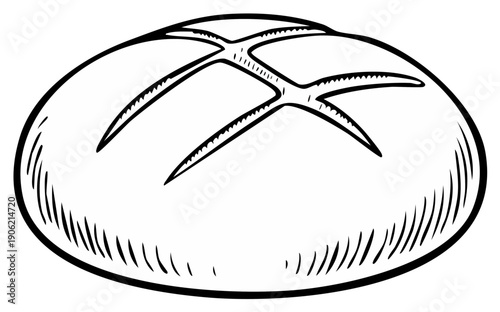 Ink drawing of a crusty artisan bread roll with scored top, food illustration.