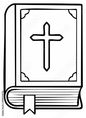 Illustrated book with religious cross on cover and bookmark.
