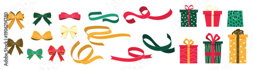collection of various patterned gift boxes bags ribbons 