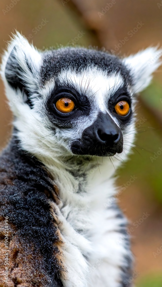 Fototapeta premium Ring-tailed lemur portrait, showcasing distinctive black, white markings, and striking orange eyes against a blurred backdrop