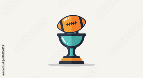 An American football resting on a trophy against a light background, representing victory and achievement