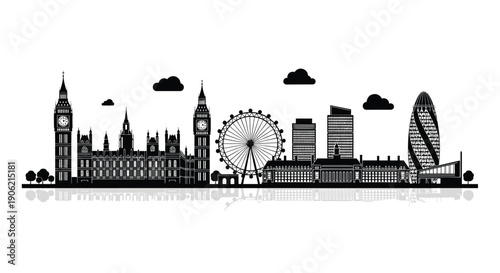 Black London Skyline Silhouette Featuring Big Ben Palace Of Westminster London Eye And Gherkin Building Isolated On White Background For United Kingdom Travel Design