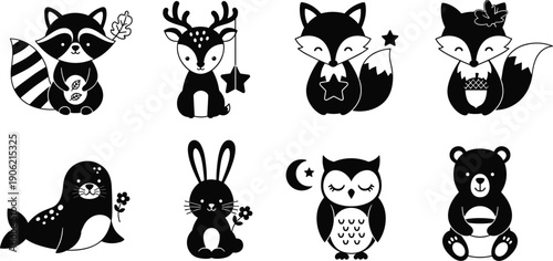 Cute Nursery Animal Silhouette Set Featuring Raccoon Deer Fox Seal Rabbit Owl and Bear With Floral Details Isolated on White For Kids Bedroom Decor