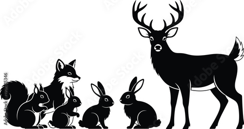 Black Forest Animal Silhouette Set Featuring Majestic Antlered Deer Stag Fox Squirrel and Rabbits Isolated on White Background for Woodland Nature Conservation Graphic Vector Design