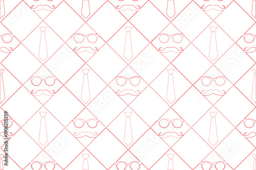 A black and white repeating pattern design featuring mustaches, neck ties, and glasses arranged in a diamond-shaped grid pattern.
