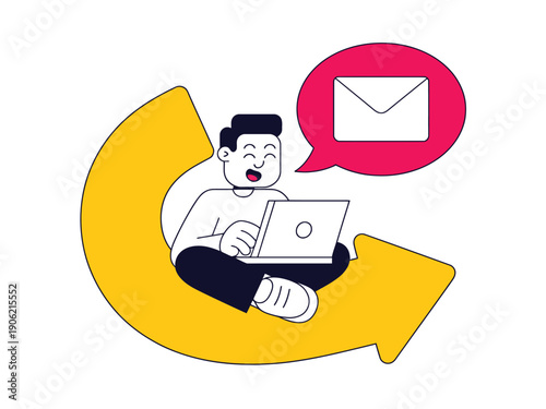 A cartoon man sitting on a large yellow arrow, happily using his laptop and thinking about an email.