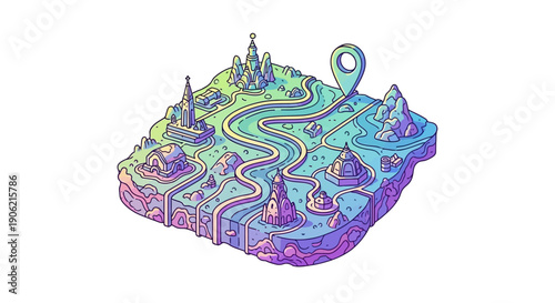 Fantasy travel isometric map illustration with navigation pin and winding path showcasing various