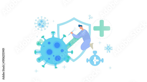 Illustration of medical professional administering vaccine to large virus particle, representing healthcare and disease prevention