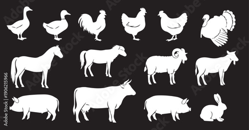Livestock, Farm animals silhouette collection, white icons set isolated on black background, vector illustration