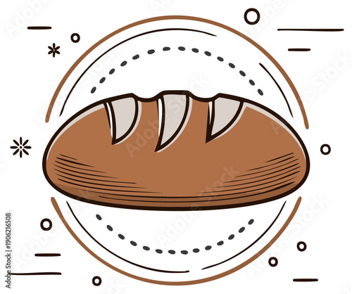Artistic illustration of a rustic loaf of bread centered within a decorative circle