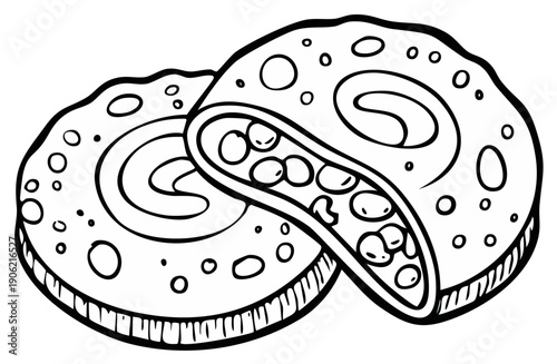 Hand drawn illustration of Swiss roll cake with beans filling a delicious dessert