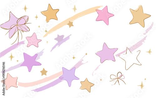 Fondo decorativo con estrellas de colores pastel, lazos elegantes y trazos artísticos sobre un fondo transparente para diseño creativo y suave.