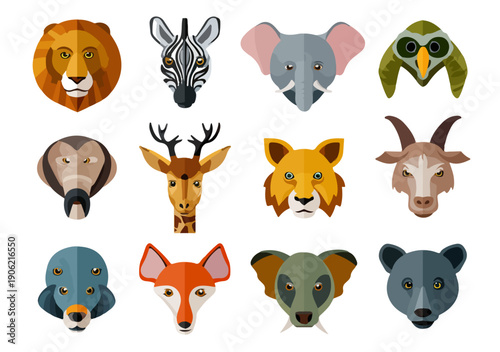 Conjunto de doce iconos vectoriales con cabezas de animales salvajes en estilo geométrico moderno sobre fondo transparente para logotipos creativos.
