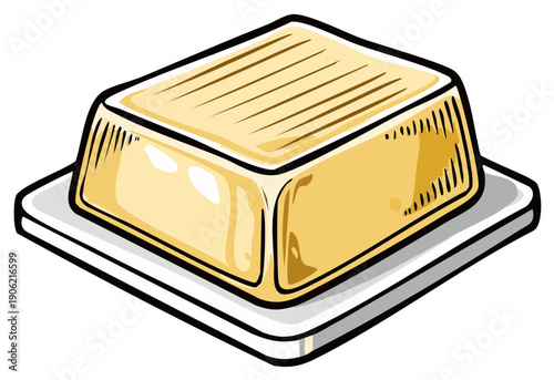 Cartoon Style Illustration of a Block of Butter on a Square Dish Isolated on White