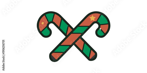 Ilustración vectorial de dos bastones de caramelo navideños cruzados con rayas verdes y rojas decorados con pequeñas estrellas sobre fondo transparente.