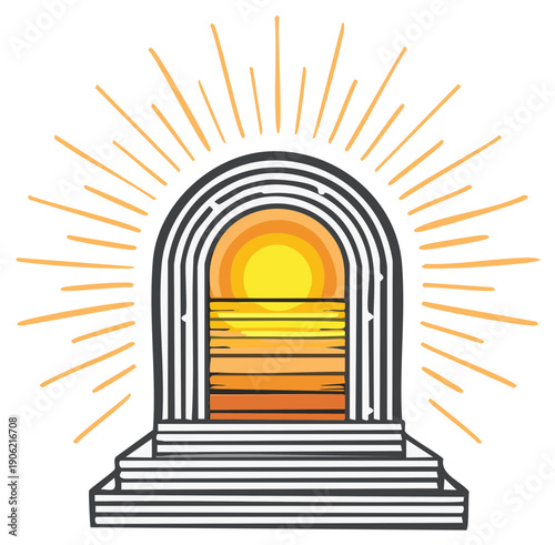 Arched Doorway Stairs with Sun Shining and Rays Design Icon