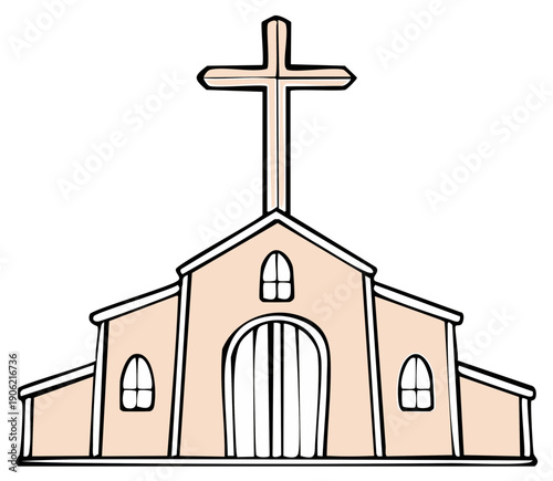 Simple cartoon illustration of a church building with a prominent cross on the roof and arched windows