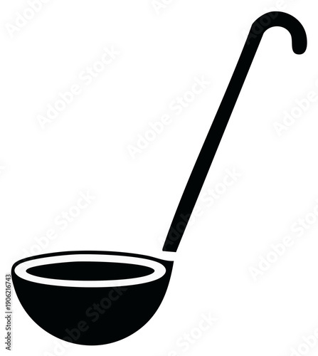Black and white illustration of a ladle kitchen utensil.