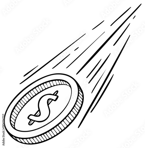 Doodle dollar coin falling quickly symbolizing money loss and financial market downturn