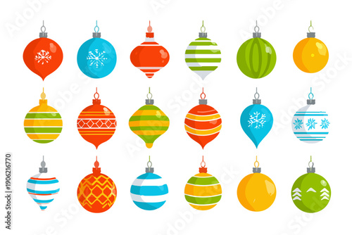 Colección de adornos navideños coloridos con diversas formas y patrones festivos aislados sobre un fondo blanco para decoraciones de invierno.