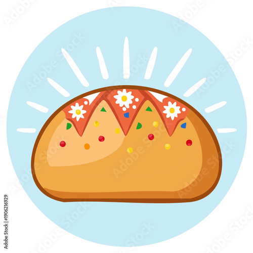 Festive bread roll on blue, decorated with flowers and candy sprinkles, cartoon illustration, vector