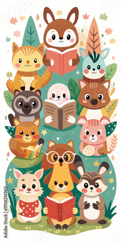 Kawaii Forest Animals Reading Books Stack Cute Fox Cat Deer Raccoon Otter Illustration.