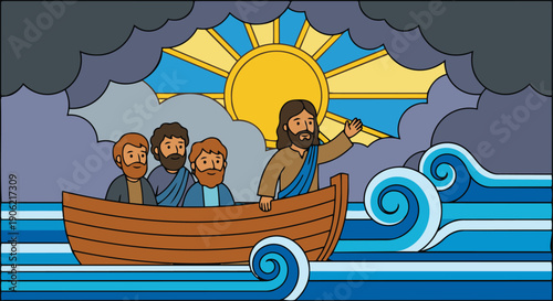 Jesus Calms the Storm

Cartoon style flat vector illustration of Jesus calming the storm, showing Jesus standing in a small boat with disciples, waves settling around the boat,