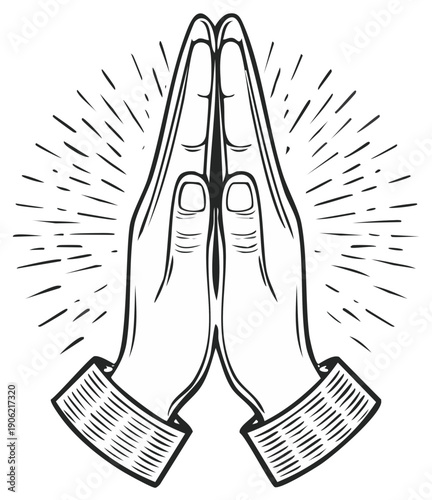 Engraved Hands Praying Illustration with Spiritual Rays, Detailed Hands in Prayer with Radial Light, Hope and Faith Design