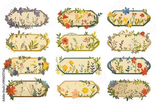 Colección de marcos florales decorativos con motivos de naturaleza y plantas silvestres en estilo retro para invitaciones y proyectos de papelería.