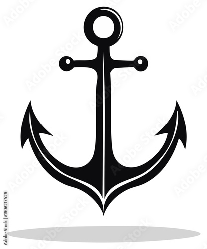Black maritime anchor symbol with shadow isolated on white background