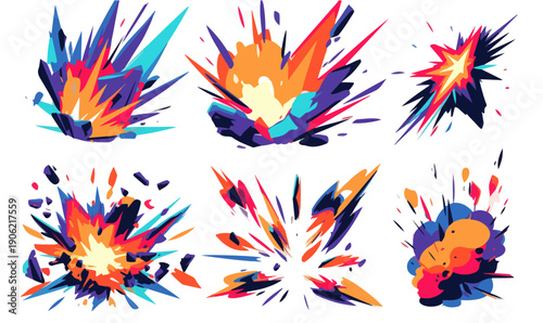 Conjunto de ilustraciones vectoriales de explosiones coloridas en estilo cómic con fondo transparente ideales para diseño gráfico y animación.