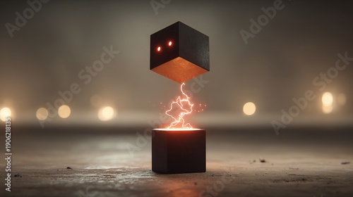 Glowing electrified blocks levitating, with faint bokeh in the background