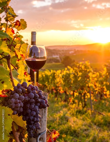 Red wine, grapes, vineyard with golden sunset. A rustic and idyllic scene