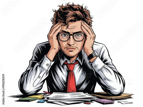 Stressed businessman with hands on head overwhelmed by work and deadlines