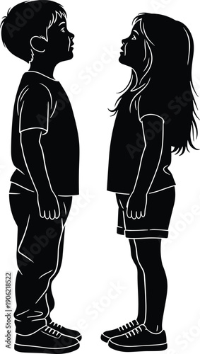 Two children silhouettes facing each other boy and girl standing profile friendship innocence black vector illustration isolated white background design