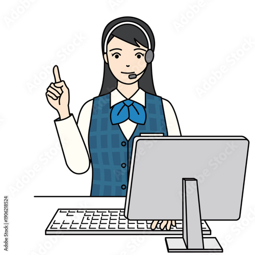 ポイントを指差しで説明する事務服姿の女性オペレーター