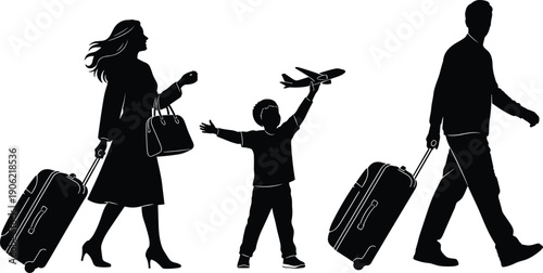 Family travel silhouettes walking with luggage child holding airplane parents airport journey vacation black vector illustration isolated white background