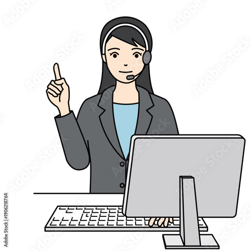 指差しで解説するスーツ姿の女性オペレーター