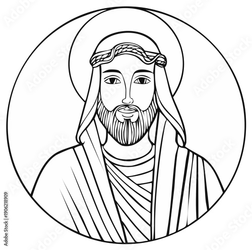 Monochrome Portrait of Man with Beard and Crown in Circular Frame