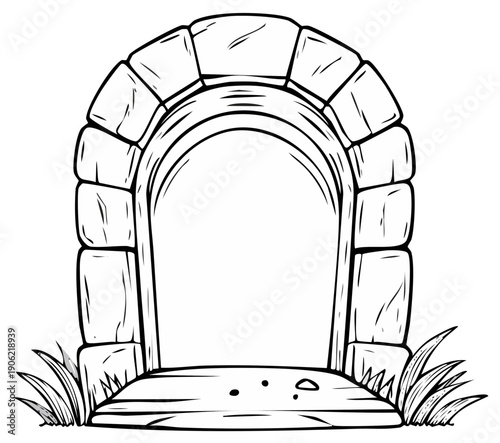Stone archway with grassy accents and a paved entryway a simple illustration