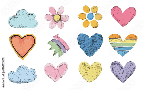 Niedliche, handgezeichnete Symbole wie Wolken, Herzen und Blumen auf transparentem Hintergrund