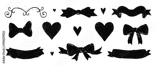 Schwarze Silhouetten von Schleifen, Herzen und Bändern auf transparentem Hintergrund für Designelemente