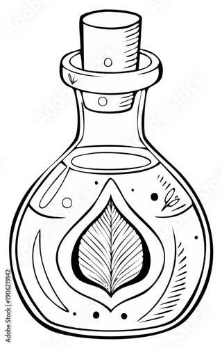 Elixir Bottle with Leaf Design Line Art Potion Vessel Drawing