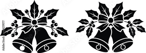 Christmas bells illustration with holly leaves and ribbon, minimalist holiday decoration silhouette design isolated on white background vector graphic artwork