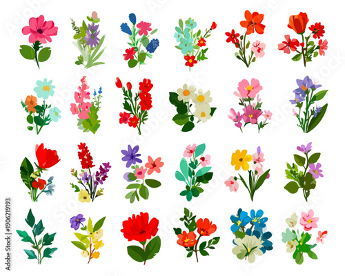 Bunte und vielfältige Blumenillustrationen mit transparentem Hintergrund für Designzwecke