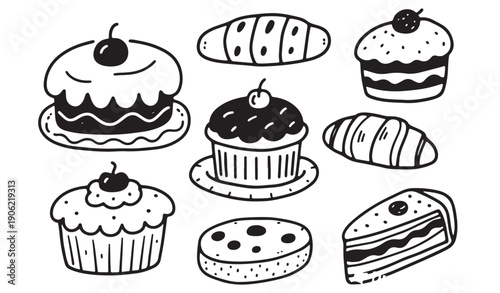 Bakery Items Vector Set – Bread Cake Pastry Donut Croissant Cartoon Food Collection