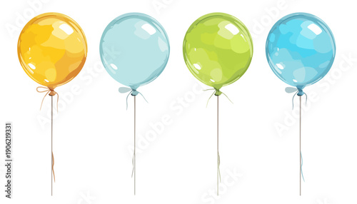 Vier bunte, transparente Ballons schweben an dünnen Schnüren vor weißem Hintergrund, leicht und fröhlich.