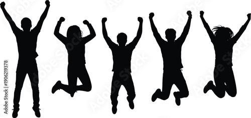 Jumping people silhouettes showing group celebrating success happiness freedom energy black vector illustration isolated on white background design