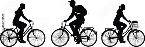 Cycling people silhouettes showing men and women riding bicycles urban commute lifestyle black vector illustration isolated white background design collection
